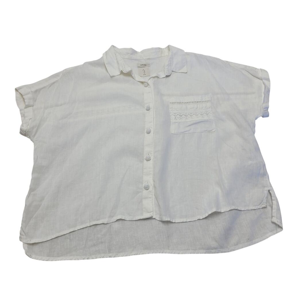 Joie 100% linen white boxy crop button down shirt lace crochet boho